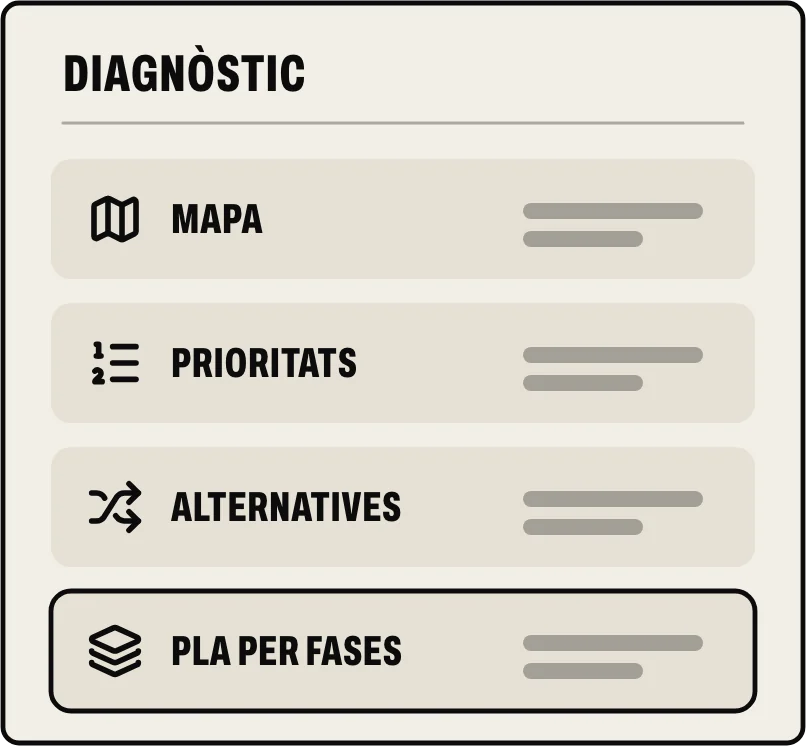 El diagnòstic: un mapa de com treballes, problemes i prioritats, alternatives i un pla per fases