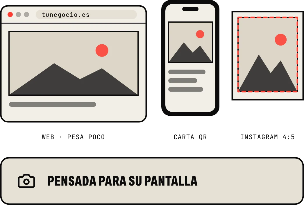 La misma foto preparada para la web, para la carta con QR en el móvil y para el recorte de Instagram