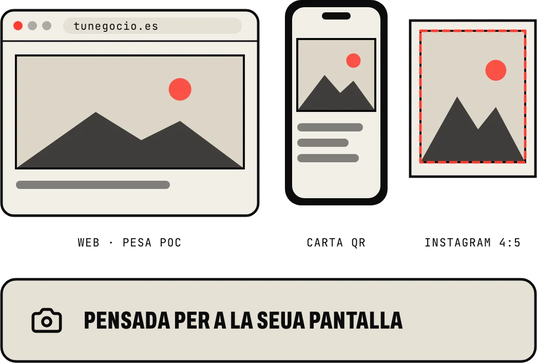 La mateixa foto preparada per a la web, per a la carta amb QR il-al mòbil i per il-al retall d’Instagram