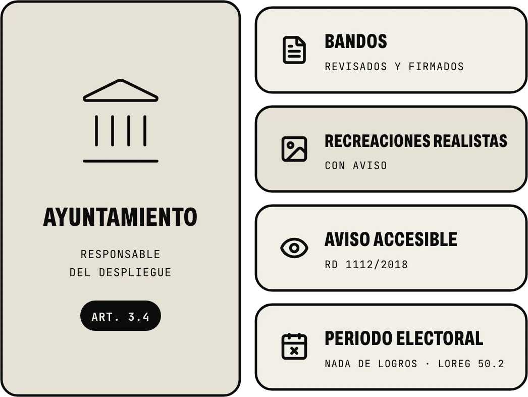 Un ayuntamiento que usa IA es responsable del despliegue (art. 3.4): bandos revisados y firmados, recreaciones realistas con aviso, aviso accesible según el Real Decreto 1112/2018 y, en periodo electoral, nada de logros (LOREG, art. 50.2)