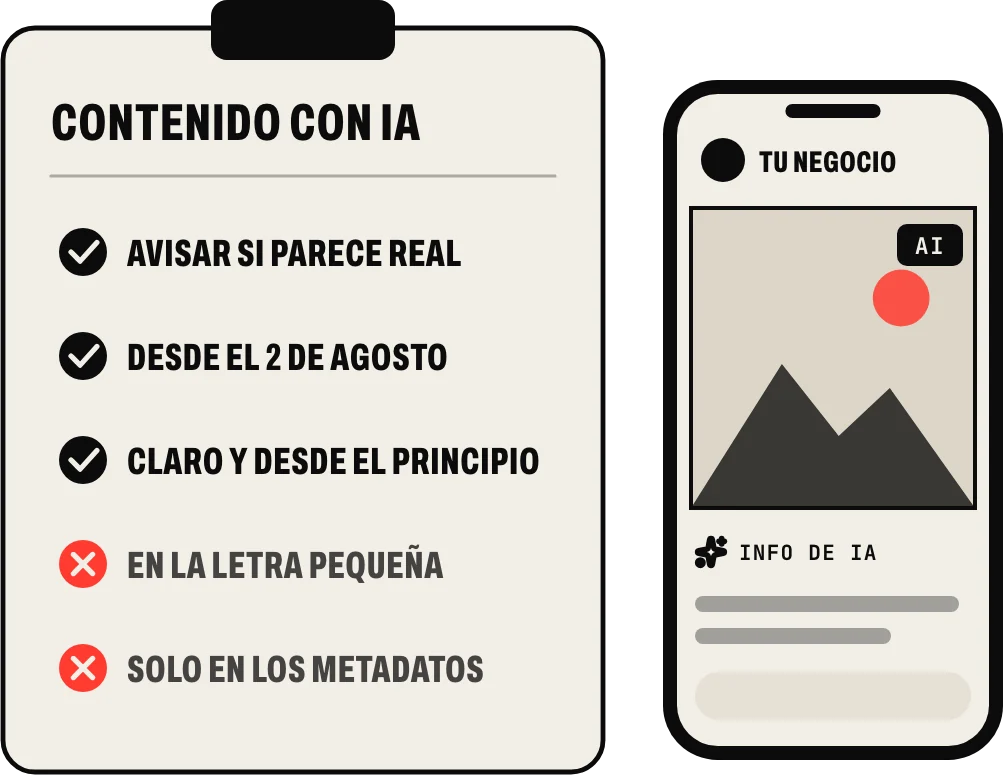 Avisar del contenido hecho con IA: sí, si parece real, desde el 2 de agosto de 2026, claro y desde el principio; no en la letra pequeña ni solo en los metadatos. En el móvil, una publicación con la etiqueta de IA