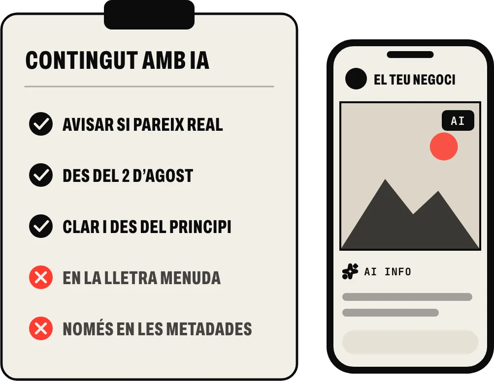 Avisar del contingut fet amb IA: sí, si pareix real, des del 2 d’agost de 2026, clar i des del principi; no en la lletra menuda ni només en les metadades. En el mòbil, una publicació amb l’etiqueta d’IA