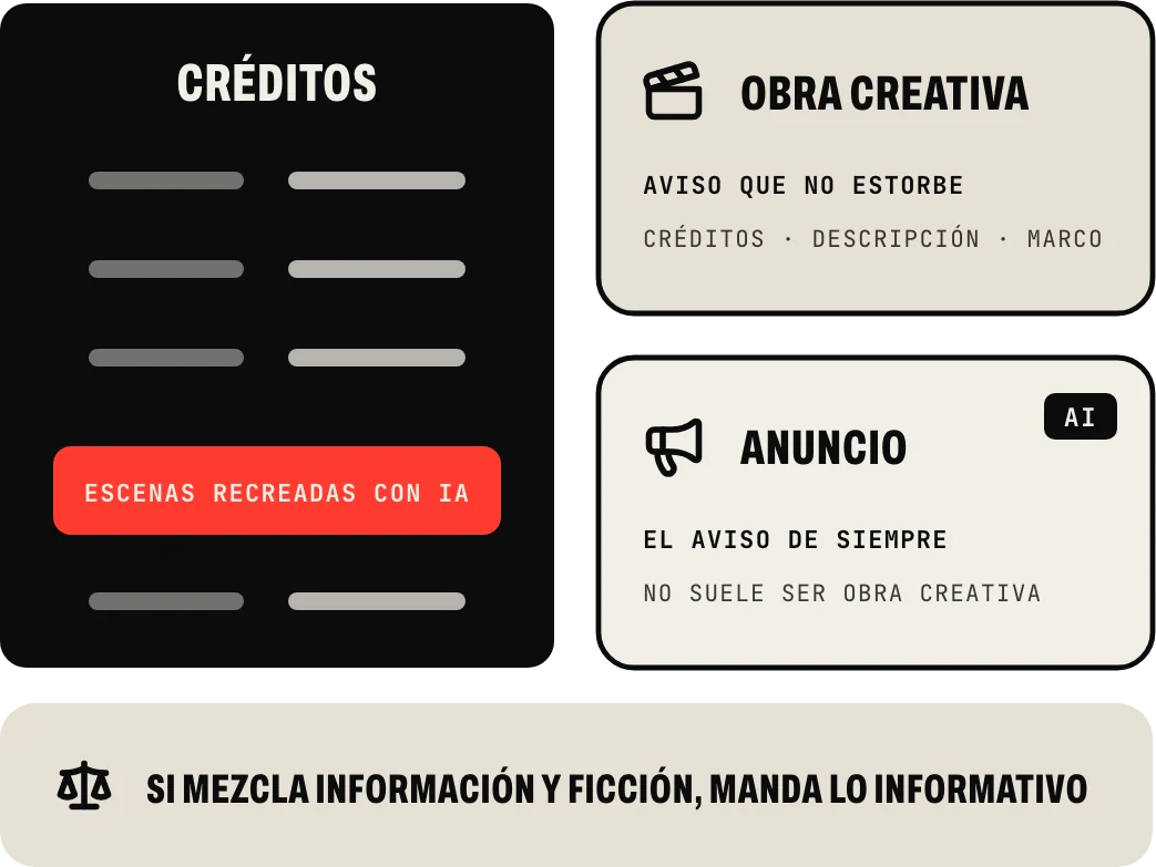 Obras creativas, humor y ficción: un aviso ligero que no estorbe, en los créditos, la descripción o junto al marco; un anuncio, el aviso de siempre; y si una pieza mezcla información y ficción, manda lo informativo