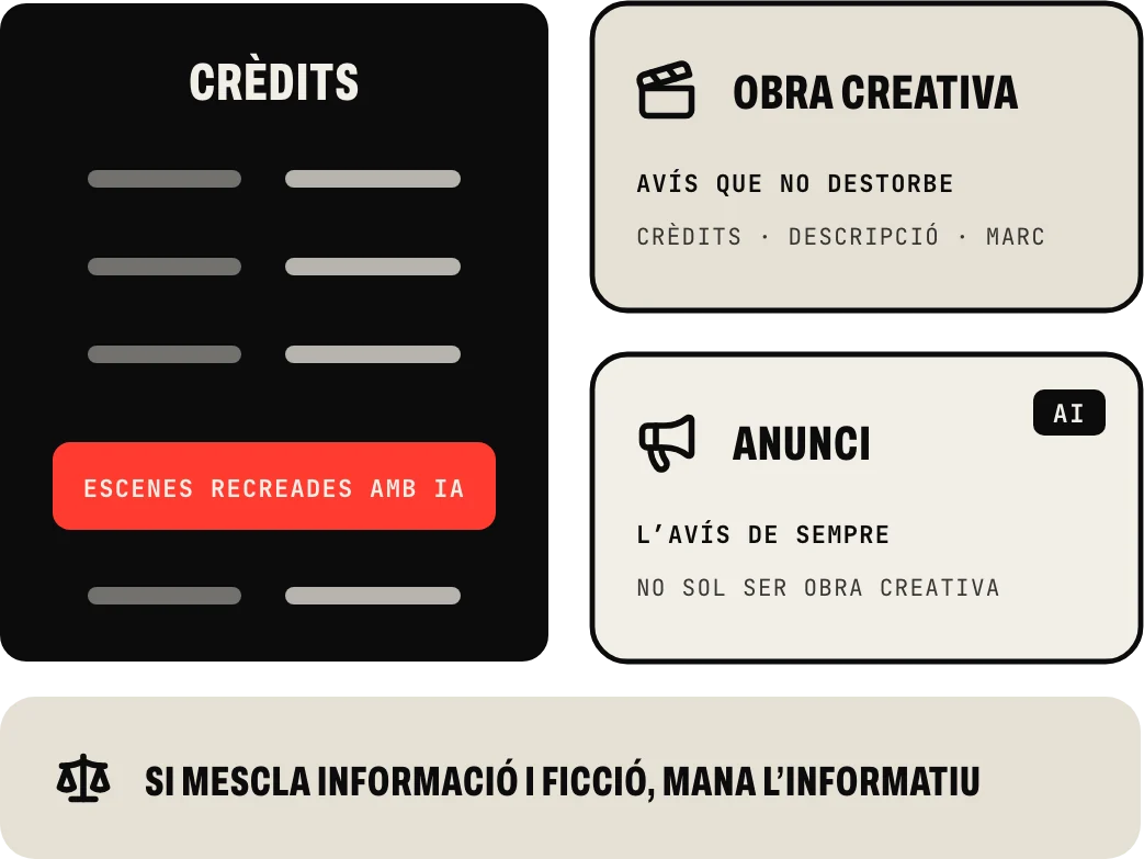 Obres creatives, humor i ficció: un avís lleuger que no destorbe, en els crèdits, la descripció o al costat del marc; un anunci, l’avís de sempre; i si una peça mescla informació i ficció, mana l’informatiu