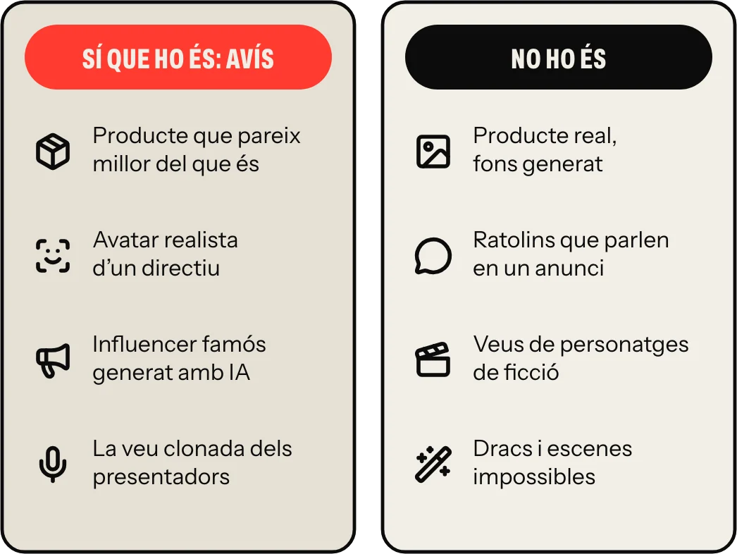 Ultrafalsificació o no, segons la Comissió: sí que ho són un producte que pareix millor del que és, l’avatar realista d’un directiu, un influencer famós generat amb IA i la veu clonada d’uns presentadors; no ho són un producte real sobre un fons generat, ratolins que parlen en un anunci, veus de personatges de ficció i dracs o escenes impossibles