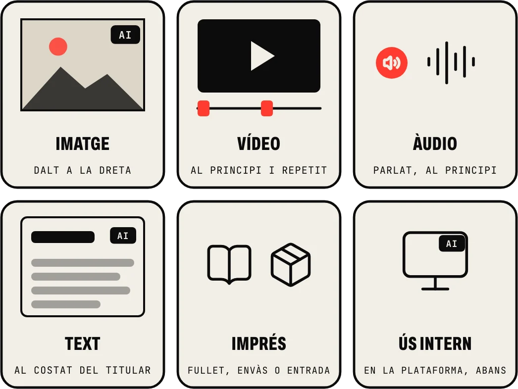 On va l’avís: en la imatge, dalt a la dreta sense tapar res; en el vídeo, al principi i repetit; en l’àudio, parlat al principi; en el text, al costat del titular; en l’imprés, en el fullet, l’envàs o l’entrada; i en un ús intern, en la plataforma abans de veure’l