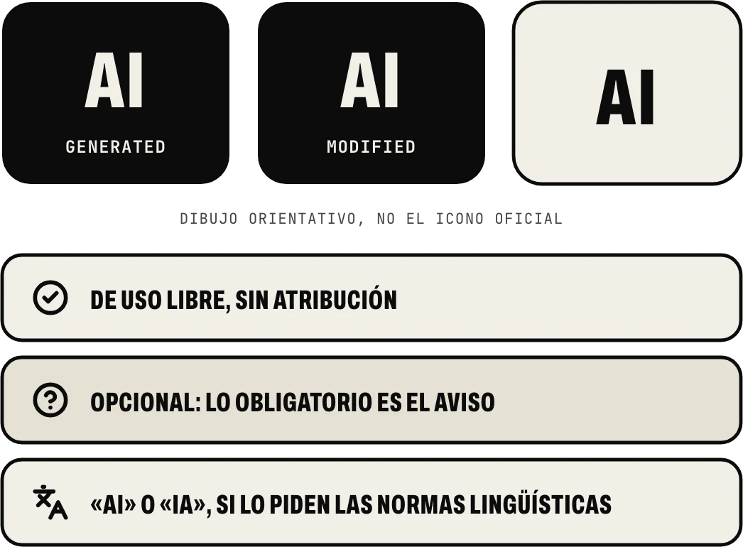 El icono de la UE, en un dibujo orientativo: «AI» con «GENERATED», «AI» con «MODIFIED» y el básico, solo «AI»; de uso libre y opcional, porque lo obligatorio es el aviso; en inglés, o «IA» si las normas lingüísticas lo piden