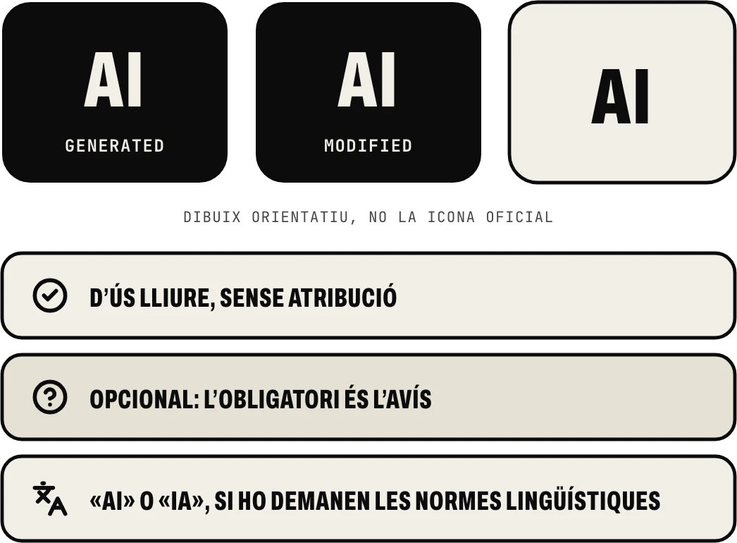 La icona de la UE, en un dibuix orientatiu: «AI» amb «GENERATED», «AI» amb «MODIFIED» i la bàsica, només «AI»; d’ús lliure i opcional, perquè l’obligatori és l’avís; en anglés, o «IA» si les normes lingüístiques ho demanen