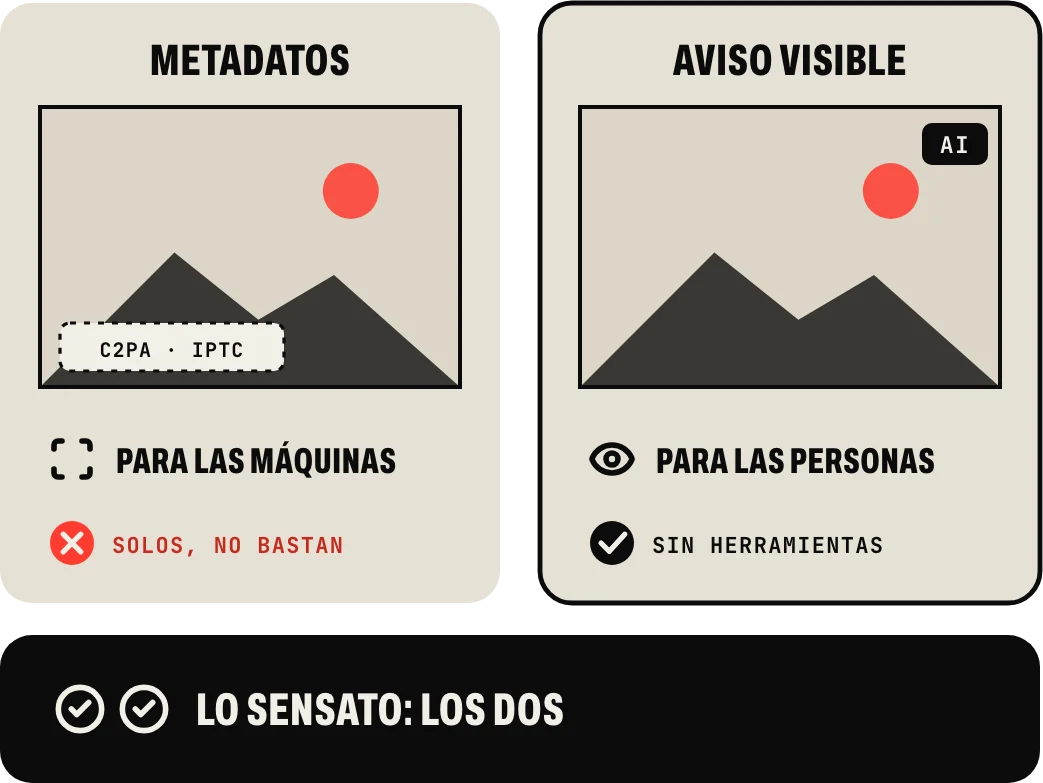 Metadatos y aviso: los metadatos C2PA o IPTC son para las máquinas y, solos, no bastan; el aviso visible es para las personas. Lo sensato es llevar los dos