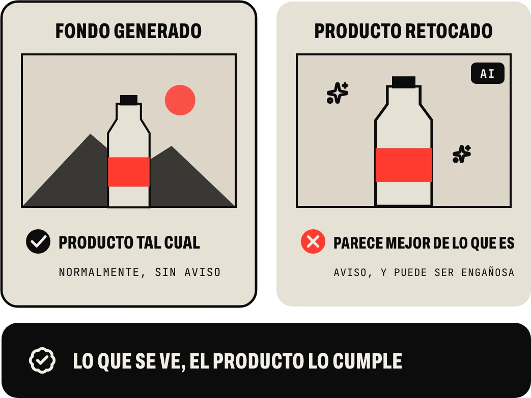 Fotos de producto con IA: con el fondo generado y el producto tal cual, normalmente sin aviso; con el producto retocado para que parezca mejor de lo que es, aviso, y aun así puede ser publicidad engañosa. Lo que se ve, el producto lo cumple