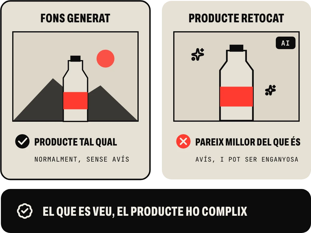 Fotos de producte amb IA: amb el fons generat i el producte tal qual, normalment sense avís; amb el producte retocat perquè pareixca millor del que és, avís, i tot i així pot ser publicitat enganyosa. El que es veu, el producte ho complix
