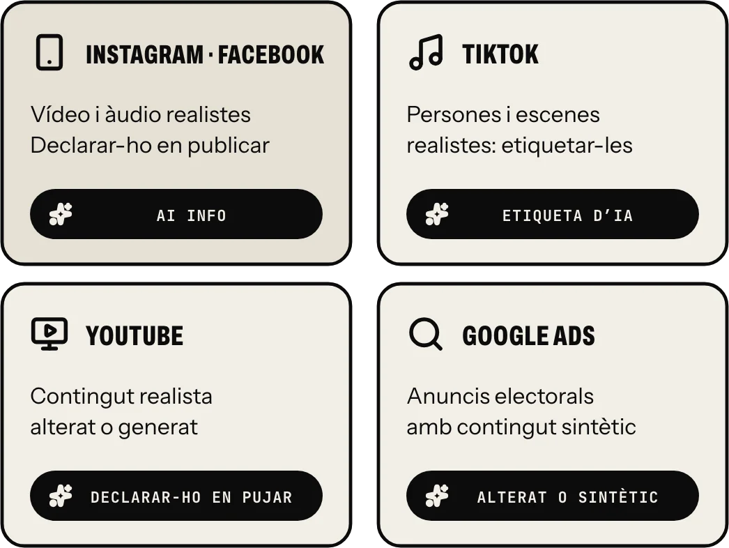 Les regles de cada plataforma: Instagram i Facebook demanen declarar el vídeo i l’àudio realistes i mostren l’etiqueta d’IA; TikTok, etiquetar les persones i escenes realistes; YouTube, declarar en pujar-lo el contingut realista alterat o generat; i Google Ads, marcar el contingut alterat o sintètic en els anuncis electorals