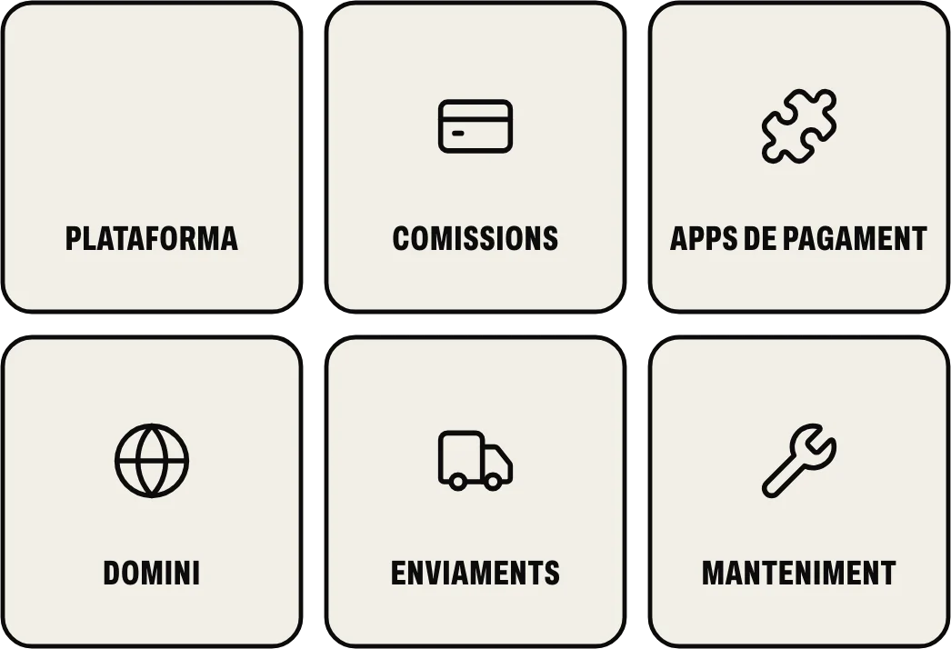 El que es repetix en una botiga en línia: la plataforma, les comissions, les apps i extensions de pagament, el domini, els enviaments i el manteniment