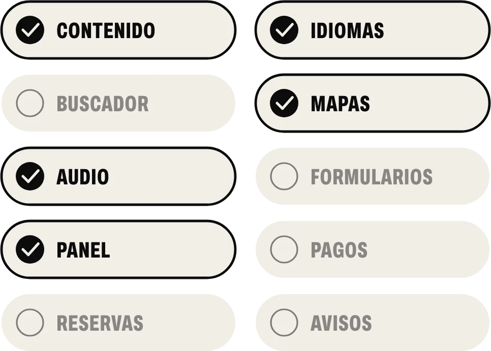 Funciones elegidas para una aplicación con QR: contenido, idiomas, mapas, audio y panel; el resto, fuera