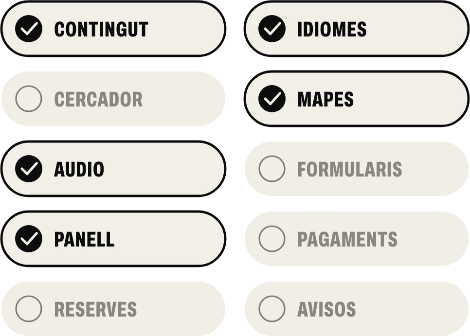 Funcions triades per a una aplicació amb QR: contingut, idiomes, mapes, àudio i panell; la resta, fora
