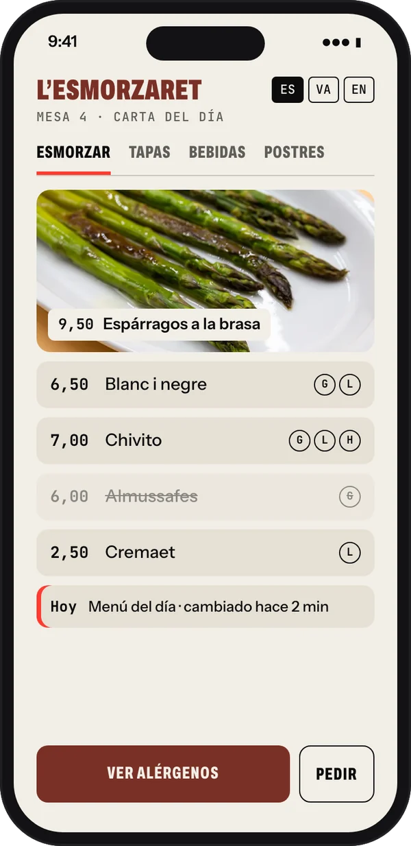 Carta digital del bar de l’Esmorzaret en un móvil: platos, precios, alérgenos e idiomas