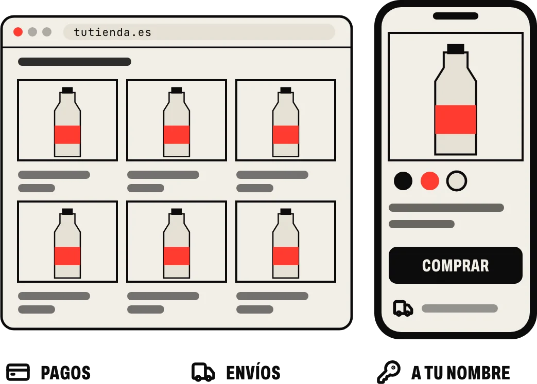 Tu tienda online en el ordenador y en el móvil: catálogo con fotos, ficha de producto con variantes y botón de comprar, pagos, envíos y todo a tu nombre