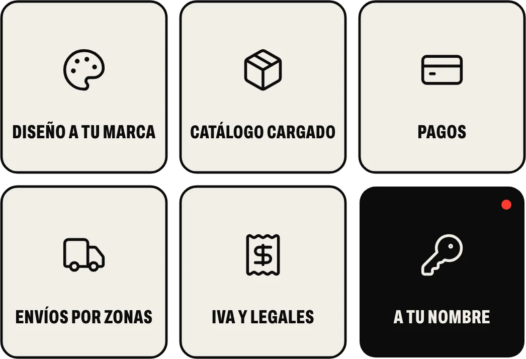 Qué incluye: diseño a tu marca, catálogo cargado, pagos, envíos por zonas, IVA y páginas legales, y todo a tu nombre