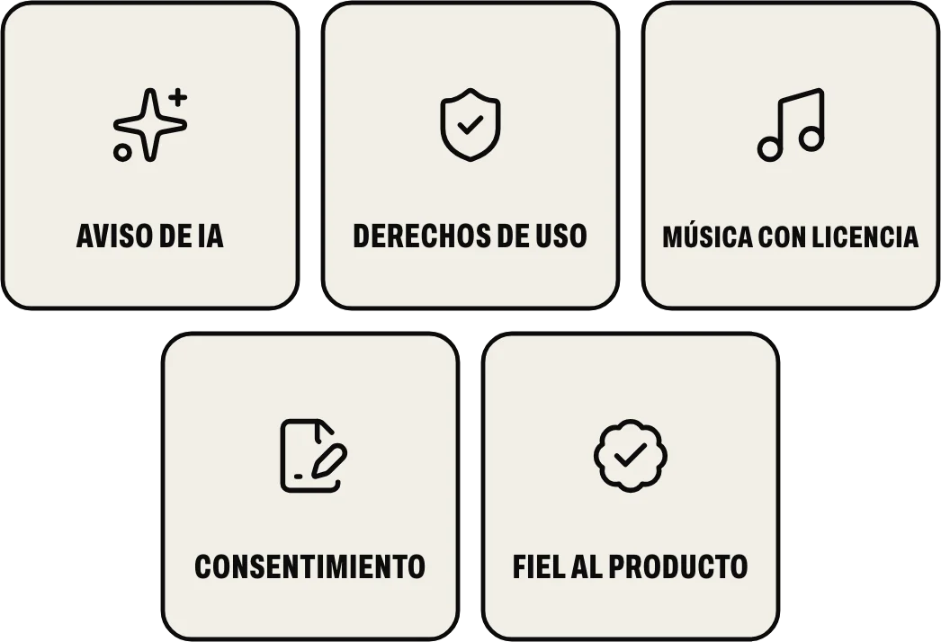 Con garantías: aviso de contenido generado, derechos de uso por escrito, música y voz con licencia, consentimiento y fidelidad al producto