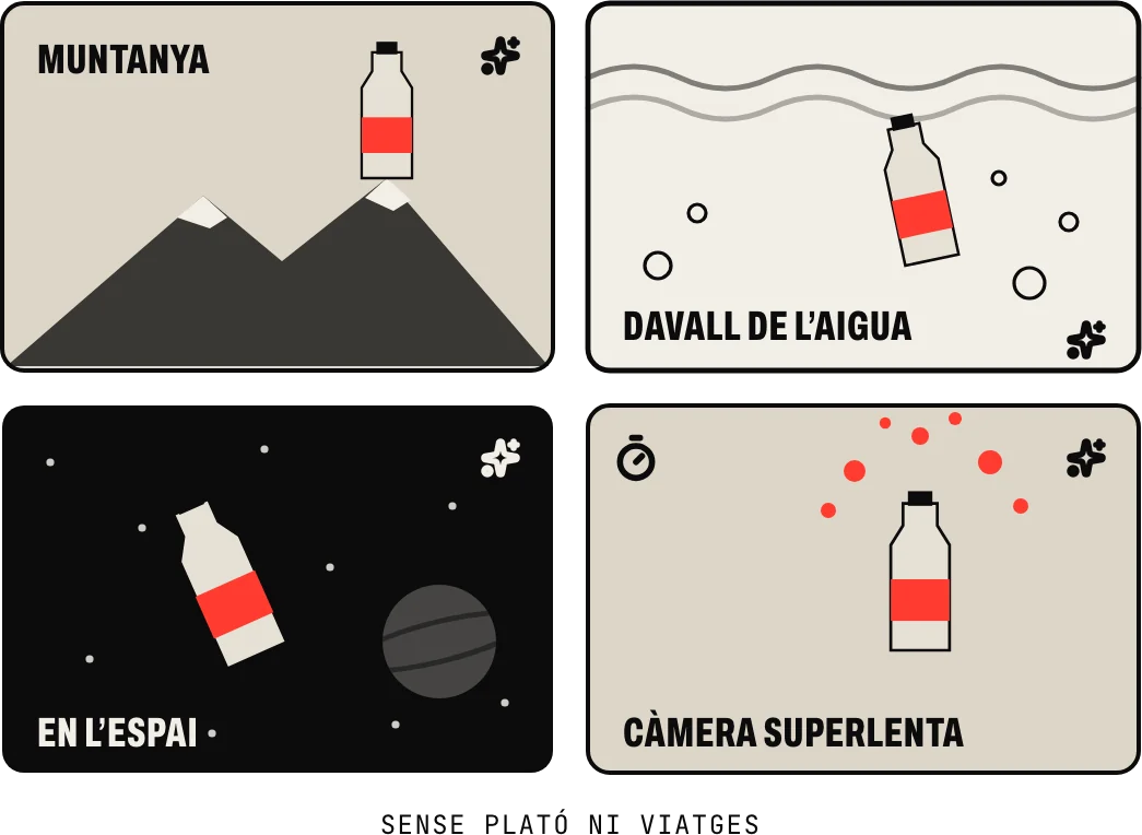 Plans impossibles: el producte dalt d’una muntanya, davall de l’aigua, surant en l’espai i a càmera superlenta, sense plató ni viatges