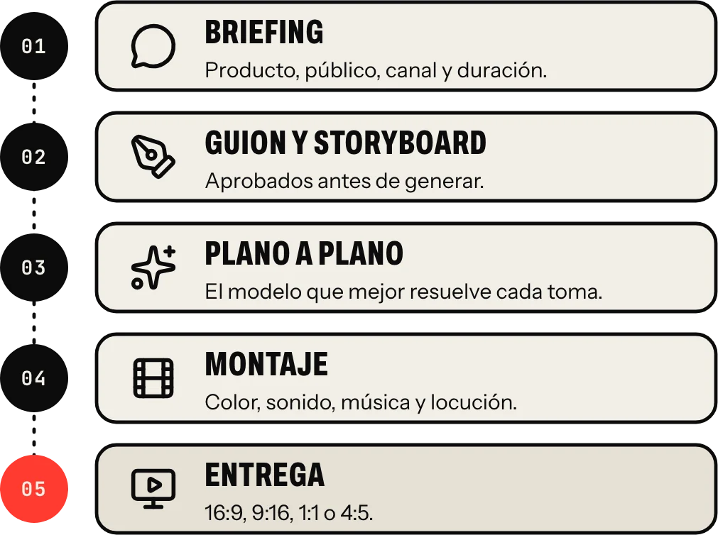 Cómo se hace: briefing, guion y storyboard aprobados, generación plano a plano, montaje con color y sonido, y entrega en cada formato