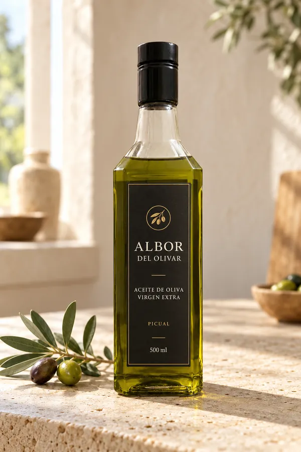 Botella d’oli d’oliva sobre un marbre de pedra al costat d’una finestra, generada amb IA
