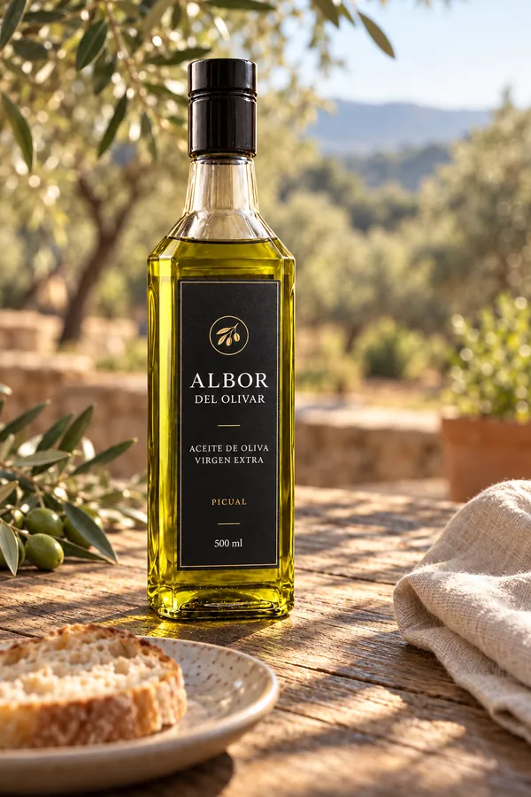 La mateixa botella en una taula a l’aire lliure, entre oliveres