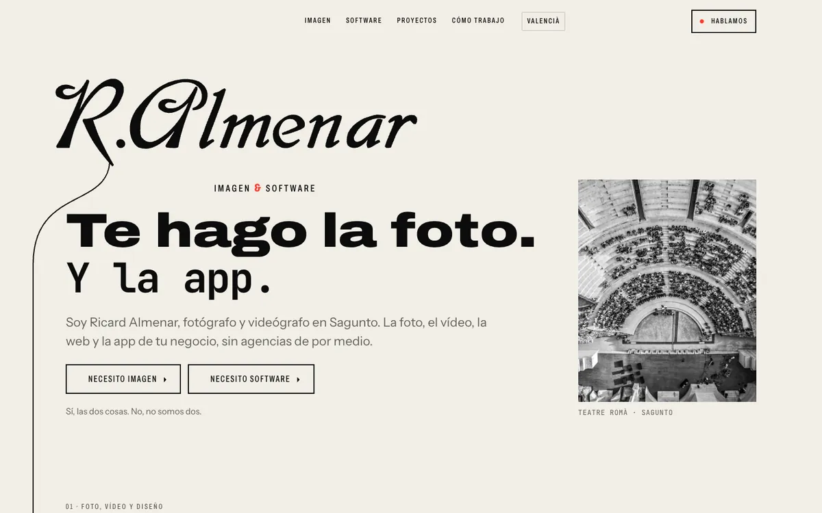 Portada de almenar.info en un ordenador: «Te hago la foto. Y la app.»